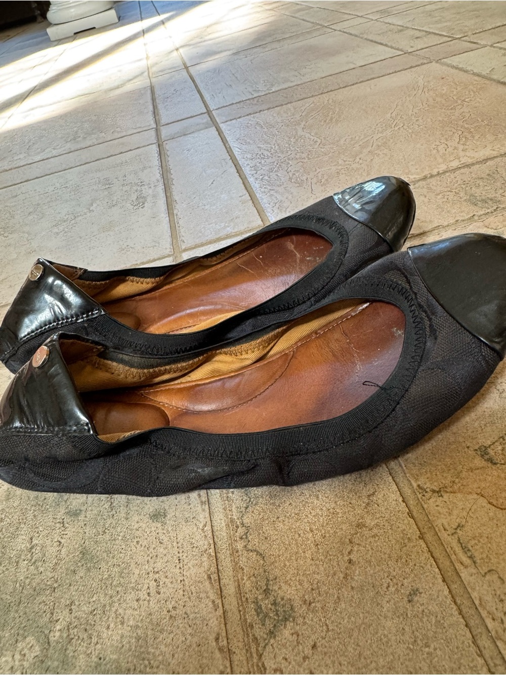 Coach Black Canvas and Patent Leather Cap-Toe Ballet Flats